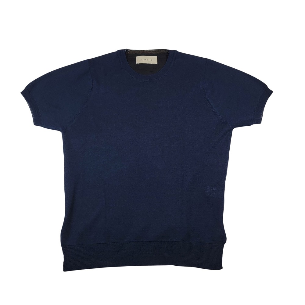 Yune Ho Wool Blend Short Sleeve Knit Sweater Shirt Women's Sz Medium Blue Black